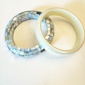 Vintage Blue Abalone Shell Inlay & Cream Bangle Set